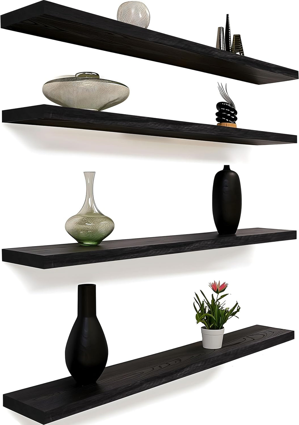 48 Inch Floating Shelves for Wall Rustic Black Wood Wall Shelves for Bedroom Set of 4