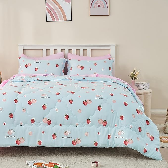 Wajade Kids Strawberry Comforter Set Bed in A Bag Full Size 7 Piece Blue 3D Cute Strawberry Fruit Bedding Set for Girls Boys (1 Comforter, 1 Flat Sheet, 1 Fitted Sheet, 2 Pillowcase and 2 Pillow Sham)
