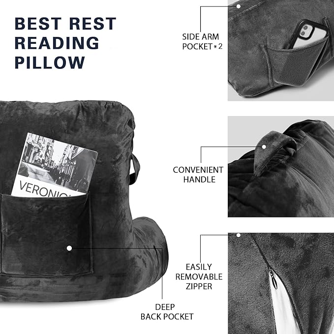 SLIGUY Reading Pillow Standard Bed Pillow for Sitting in Bed Couch or Floor-Backrest with Arms Support and Pockets, Adult Back Pillow Bed Chair for Bed Rest, Watching TV, Gaming, Dark Grey