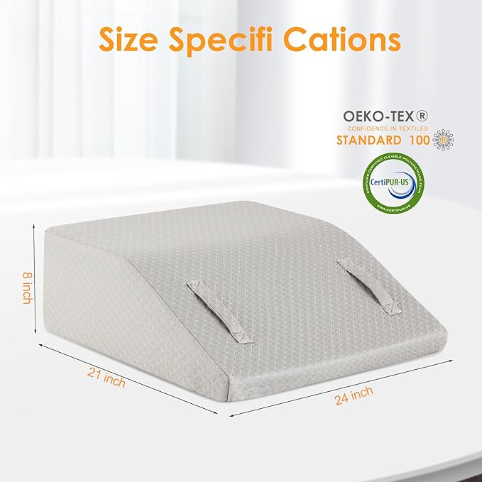 Leg Elevation Pillows for Sleeping, Memory Foam Wedge Pillow for Legs, Knee Wedge Pillow for After Surgery, Swelling, Back Pain and Circulation, Non-Slip Bottom, Removable Cover (8 Inch, Grey)