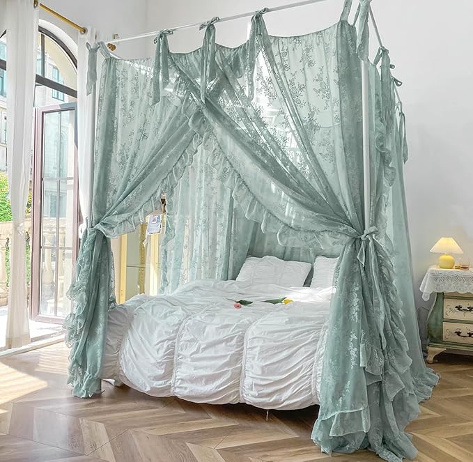 Mengersi Canopy Bed Curtains with Tie Backs,Bed Canopy Curtains Bed Drapes Sheer Lace Curtains for Bedroom Decor（King,Sage Green
