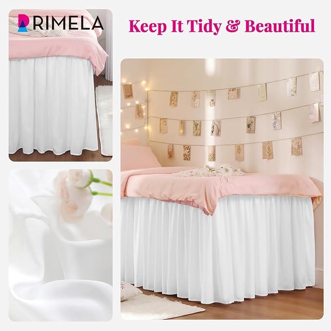 RIMELA Dorm Bed Skirt Twin XL 46 Inch Drop, Extra Long Wrap Around Elastic Bed Skirts Easy to Put On Twin Size Dust Ruffle, White Bedskirt for Adjustable Bed Base Solid Silky Fabric Machine Washable