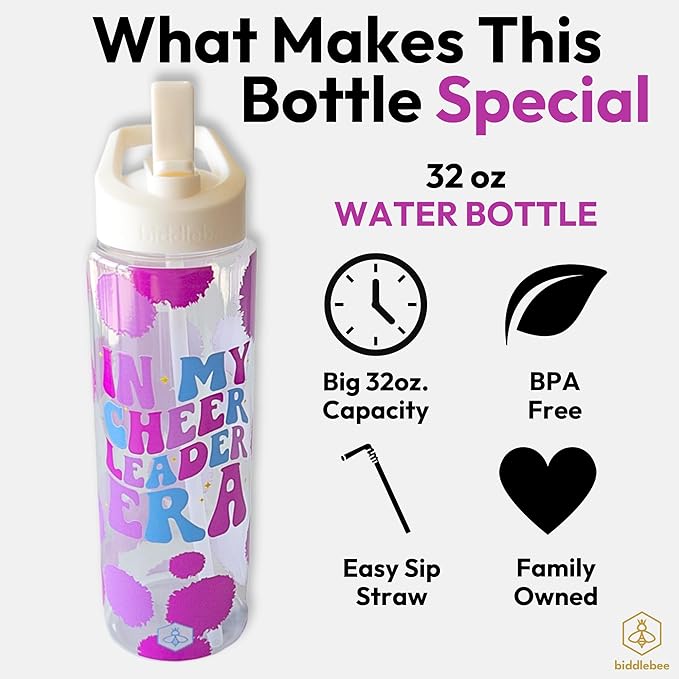 32oz Cheerleader Water Bottle with Straw Lid | BPA-Free Reusable Bottles for Cheerleaders, Cheer Team or Cheerleading Coach | Great Gifts for Girls, Coaches