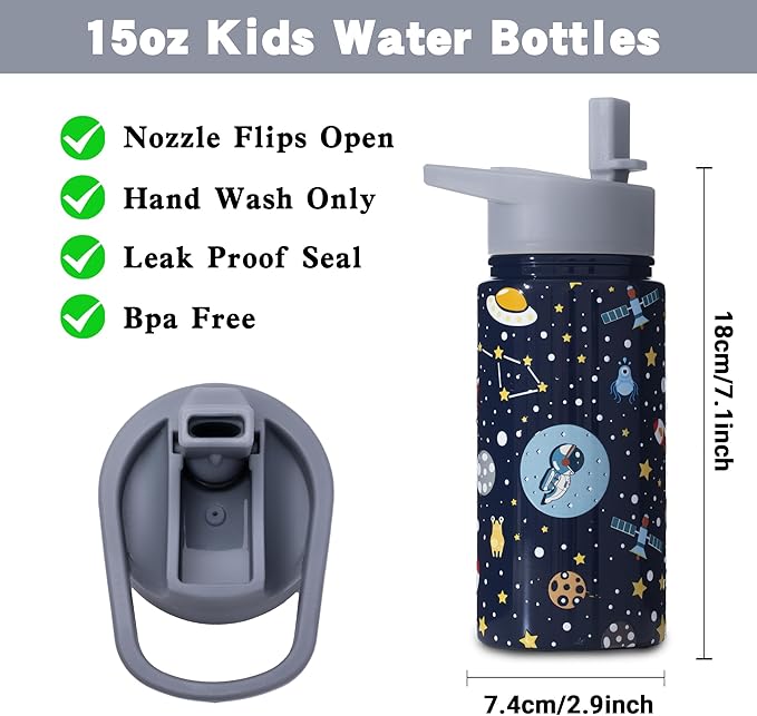 15oz Space Insulated Stainless Steel Water Bottle With Straw & Brush, Christmas Birthday Gifts for School - Hand Wash Only