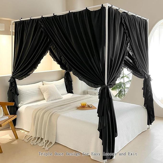 AIKASY Princess Canopy Bed Curtains with Top Ties - Windproof & Lightproof for Girls' Adult Bedroom Decor | Bed Canopy Drapes (Full,Black)