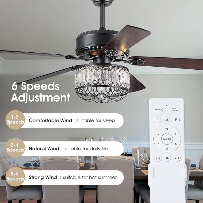 Chandelier Ceiling Fans with Lights - 52 Inch Modern Farmhouse Fandelier Ceiling Fan with Remote, Crystal Ceiling Fan Light for Bedroom Living Dining Room, Dual Finish Wooden Blades, Black