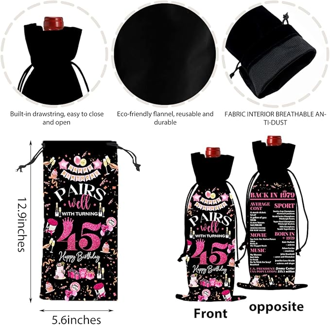 45th Birthday Gifts for Women Men Wine Bag, 45 Year Old Birthday Gifts for Men, Happy 45th Birthday Party Decorations for Women Men, Pairs Well with Turning 45 Wine Bottle Bags (Black Pink)