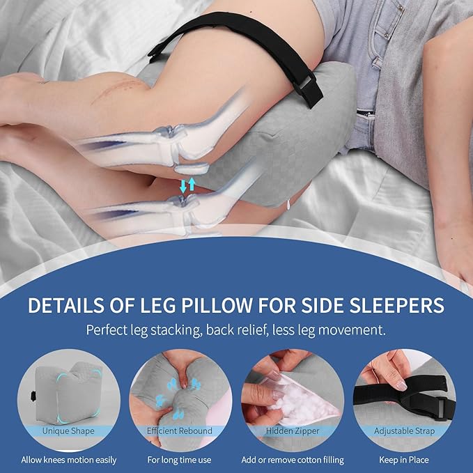 Knee Pillow for Side Sleepers - Leg Support Pillow for Sciatica Relief, Hip and Back Pain Alleviation, Spine Alignment with Adjustable Strap (Grey-Checker)