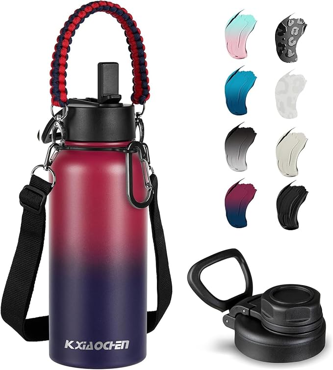 40 oz Insulated Water Bottle with Paracord Handles & Strap, 2 Lids(Straw Lid&Spout Lid), Stainless Steel Reusable Wide Mouth Metal Water Bottle With Straw, Double Walled, Thermo Mug(Dark Rainbow)