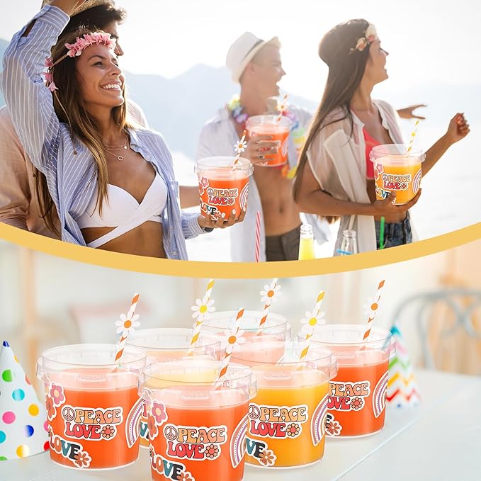 20 Pcs 32 oz Ice Cream Buckets with Lids and Handles Clear Cocktail Rum Buckets Reusable Food Containers with 100 Pcs Boho Stickers 24 Pcs Boho Flower Straws for Party Supplies