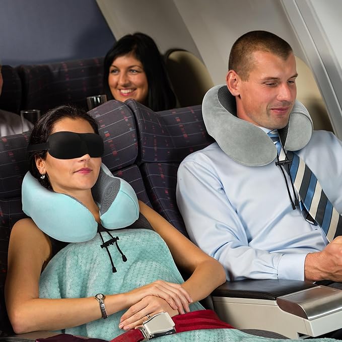 Travel Pillow and Blanket Set Neck Pillows Soft Blankets with Sleep Mask Travel Essentials for Airplane Car Memory Foam Blue Green