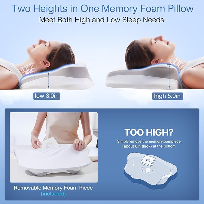 Cervical Neck Pillow, Pillow for Neck Pain Relief, Cooling Contour Memory Foam Pillows, Odorless Ergonomic Neck Pillow Adjustable Orthopedic Bed Pillow for Side Back Stomach Sleepers with Pillowcase