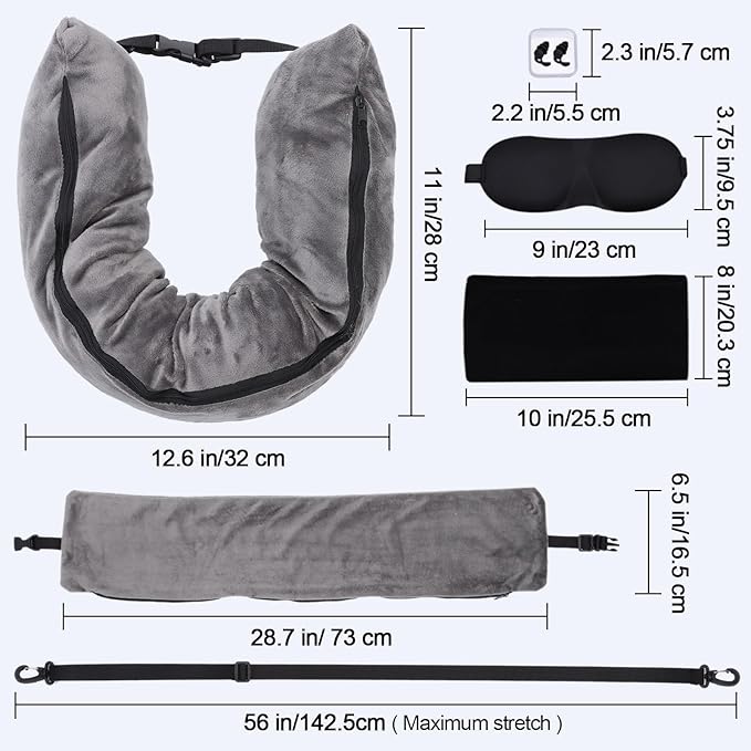 2pcs Stuffable Travel Pillow, Black Gray Neck Pillow with Adjustable Straps, Storage Bag Fits 3 Days Travel Essentials, Large Capacity Neck Pillow for Airplanes Traveling