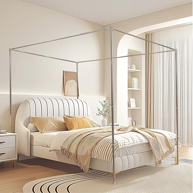 Stainless Steel Canopy Bed Frame Full Size, Thicken Metal Frame with 4 Corners Design Sturdy Bed Canopy Frame for Metal Bed Wood Bed Bedroom Decor