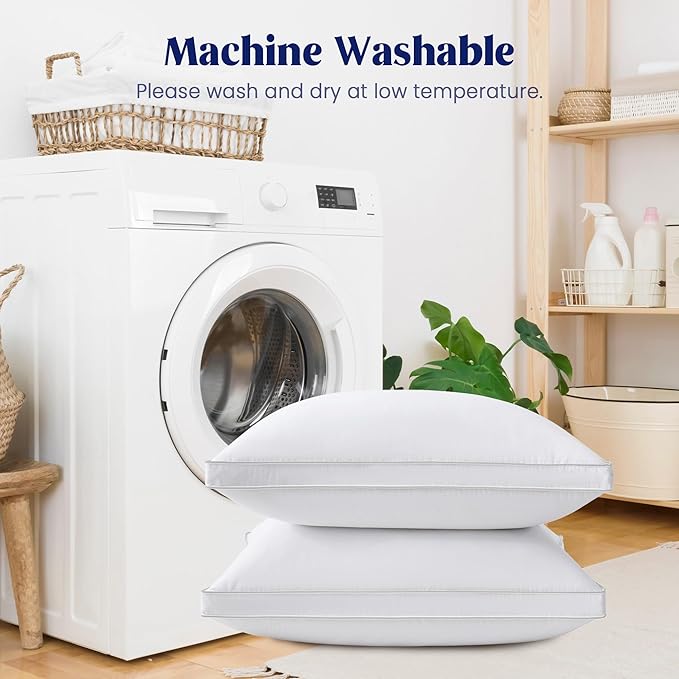 puredown® Feather Pillows with 100% Cotton Cover, Set of 2 Gusseted Bed Pillows with Silver Piping for Sleeping, King Size