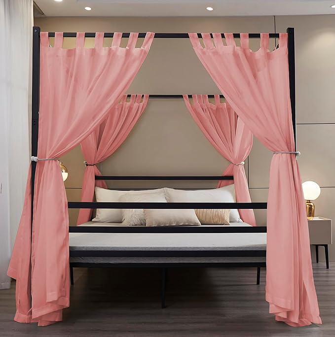 Mengersi Linen Canopy Bed Curtains for Twin,Full,Queen and King Size Bed,Bed Canopy Natural Blended Curtain Panels, 8 Panels Set (All Bed Sizes, Pink)