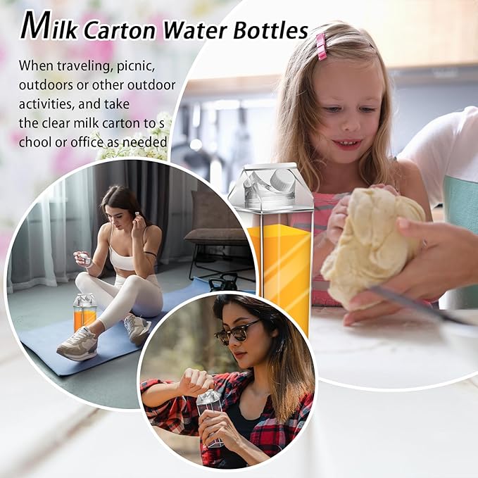 4 Pack Milk Carton Water Bottles 34oz/1000ml Leak Proof Plastic Water Bottle Reusable BPA Free Sports Water Bottle Carton Shaped Juice Milk Bottle for Gym Camping Hiking Travel Sports, Dishwasher Safe