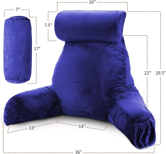 Nestl Reading Pillow Large Bed Pillow, Back Pillow for Sitting in Bed Shredded Memory Foam Chair Pillow, Reading & Bed Rest Pillows Royal Blue Back Pillow for Bed, Bed Chair Arm Pillow with Pockets