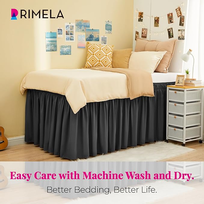 RIMELA Dark Grey Bed Skirt Twin 32 Inch Drop Silky Luxurious Fabric, Wrinkle and Fade Resistant with Adjustable Elastic Belt Easy to Install Machine Washable Dust Ruffles Bedskirt