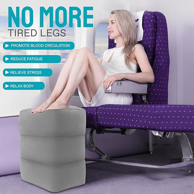 VUUDL Inflatable Airplane Foot Rest, Travel Foot Rest Pillow, Adjustable 3 Layers Height Leg Rest Pillow for Kids & Adults, Suitable for Office, Home and Any Travel, Eye Mask, Ear Plug Included, Grey