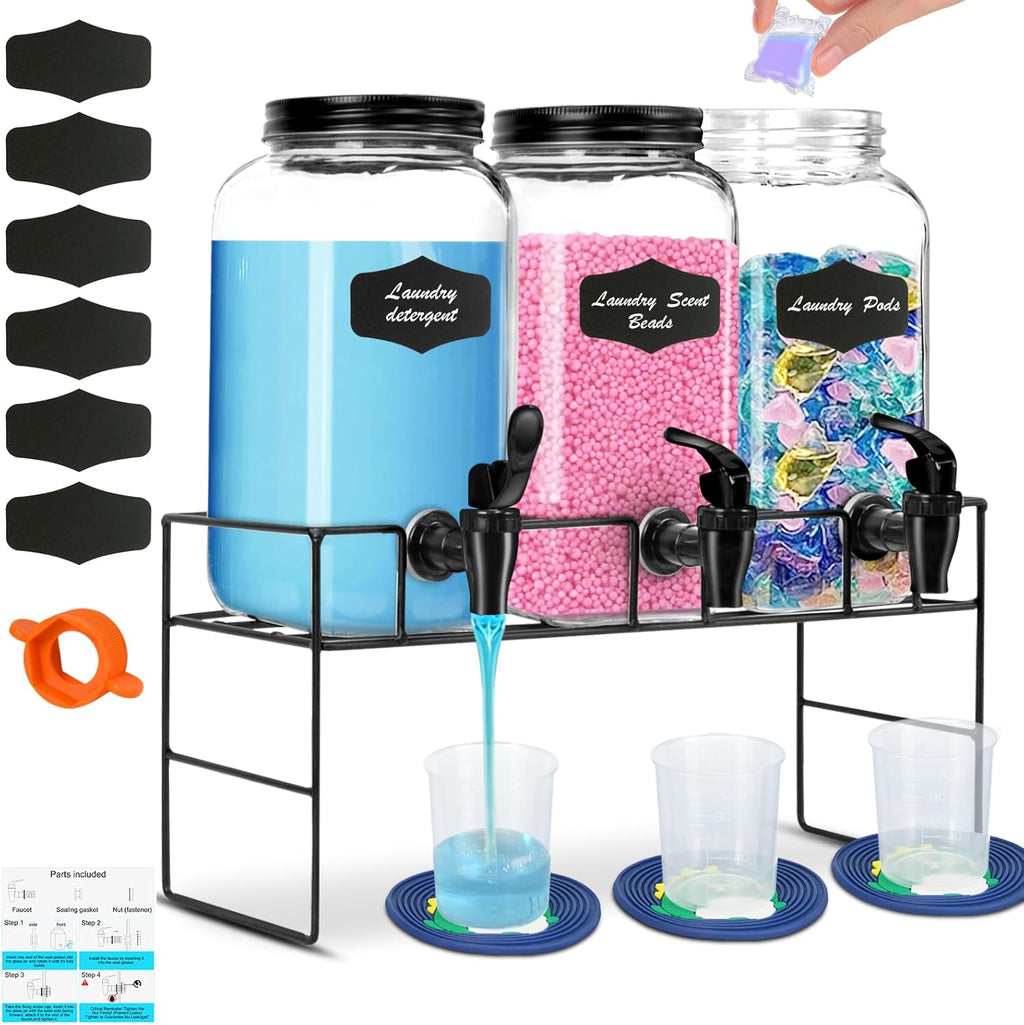 3-Pack 2.2L Glass Laundry Detergent Dispenser Set with Stand - Premium Liquid Soap Dispenser with PP Spigots, Measuring Cups, and Chalkboard Labels for Laundry Room Organization and Storage