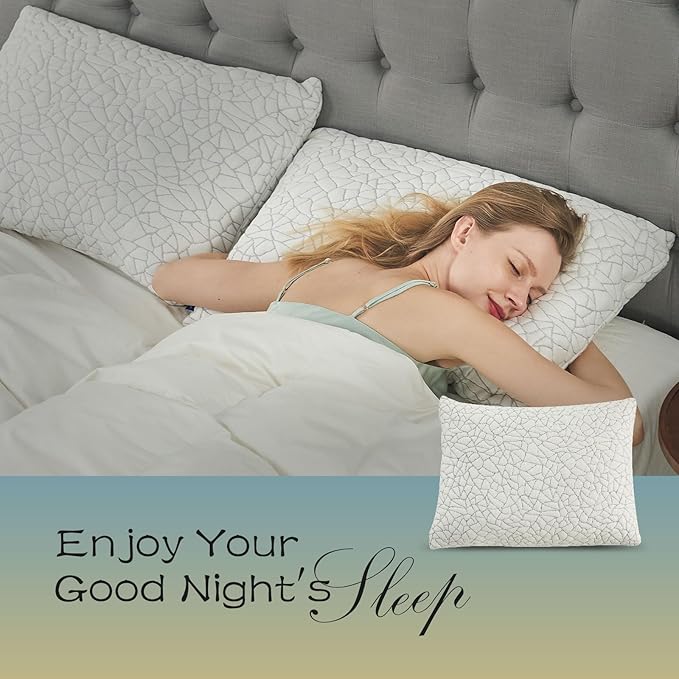 Shredded Memory Foam Pillow for Sleeping, Cooling Bed Pillows Queen Size Set of 2, Adjustable Soft and Firm Pillows or Side, Back, Stomach Sleepers with Washable Removable Bed Pillow Cover