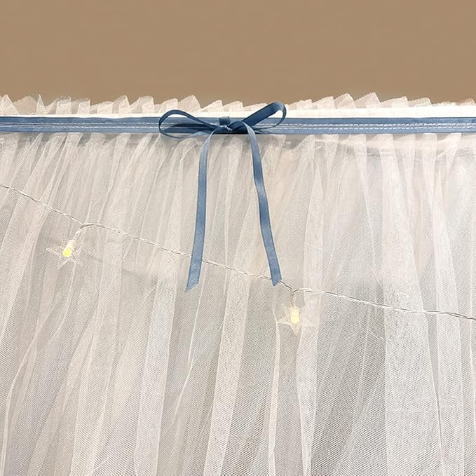 Mengersi Canopy Bed Curtains with Lights,4 Corner Bed Canopy Royal Luxurious Bed Drapes Netting,Princess Bed Curtains for Girls Adults Bedroom Decoration (Gray Blue, Full)