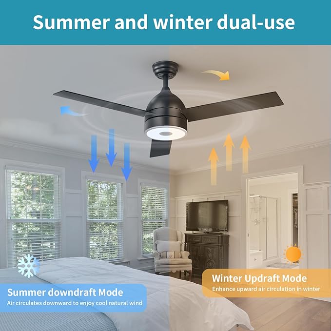Black 52 Inch Ceiling Fan with RGB Dimming LED Light,with Music Bluetooth Speaker,with Remote Control,3-Speed Regulation, Reversible Motor,Timing,for Living Room,Bedroom,Restaurant