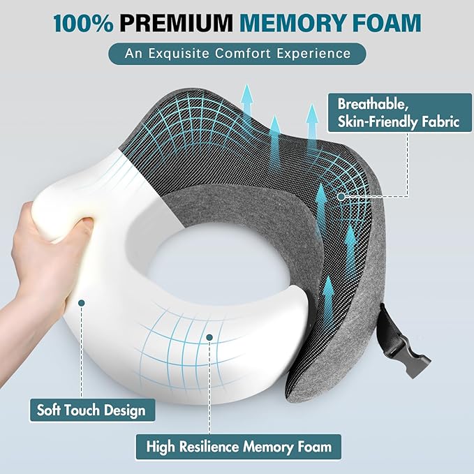 PORTHOLIC 2024 Upgraded Travel Neck Pillow with Buckle,100% Pure Memory Foam Travel Neck Pillow for Airplane Travel Flight Headrest Sleep, Portable Plane Accessories(Light Grey)