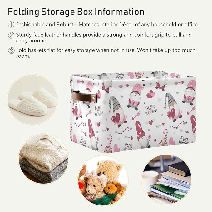Happy Valentine's Day Gnomes Storage Basket Fabric Laundry Baskets Be Mine Valentine Love Heart Storage Boxes Organizer Bag for Baby Cloth Dog Toy Book Storage Cubes Shelf Closet Bins 16×12×8 Inches