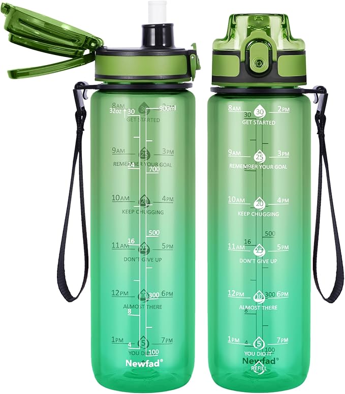 32 oz Water Bottle with Detachable Straw, Clear Motivational Water Bottles with Time to Drink, Tritan & BPA Free Sports Water Jug with Time Marker, Upgraded handle design