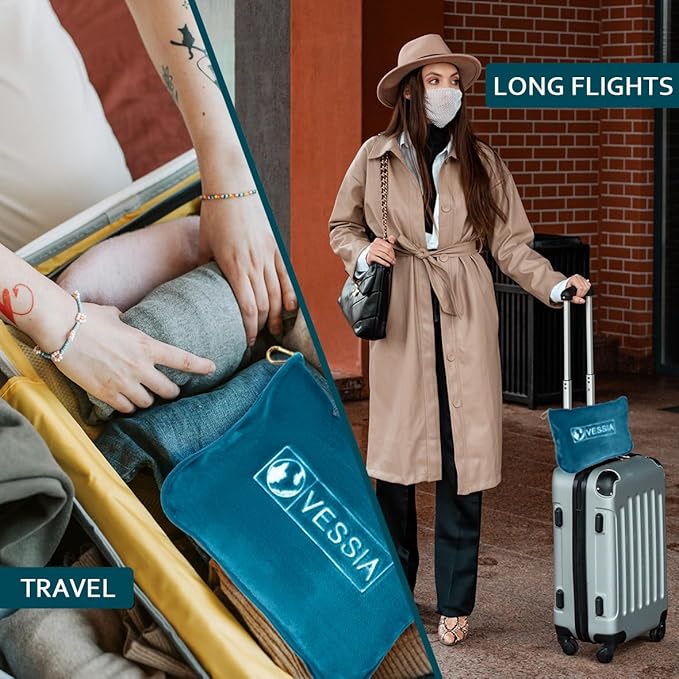 Vessia Travel Blanket for Airplane, Train and Car, Warm and Soft Travel Blanket in Bag for Adults and Kids, Portable Compact Long Flight Blanket with Luggage Sleeve, Backpack Clip(Lake Blue)