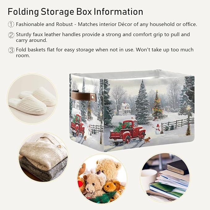 Christmas Tree Red Truck Storage Basket Fabric Laundry Baskets Winter Snowman Snowflake Golden Retriever Dog Storage Boxes Organizer Bag for Cloth Toy Book Storage Cubes Shelf Closet Bins 16×12×8