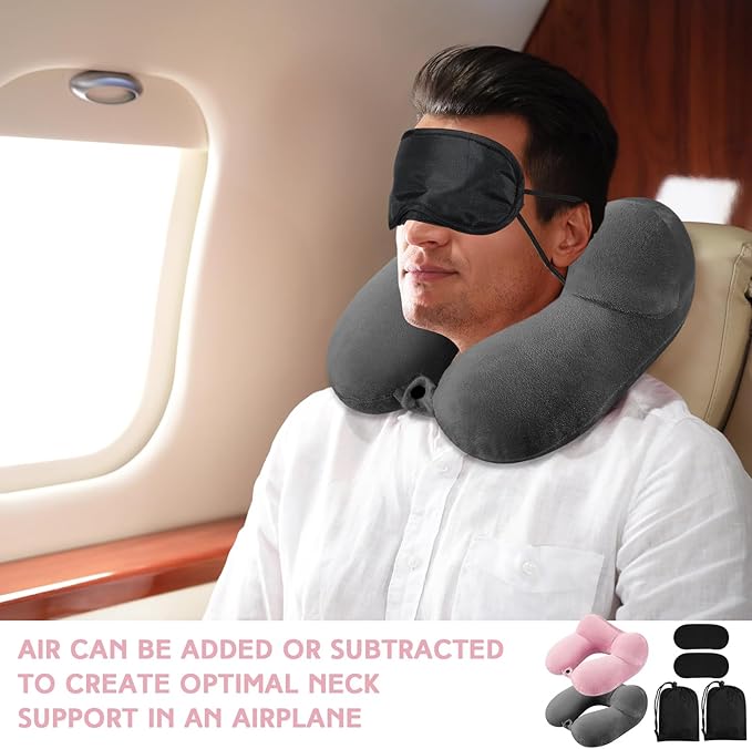 Sintuff 2 Pack Inflatable Travel Pillow for Airplanes Inflatable Neck Pillows with Compact Bag and Blindfold Soft Flight Pillow for Traveling, Airplane, Train, Car, Office(Dark Gray and Light Pink)