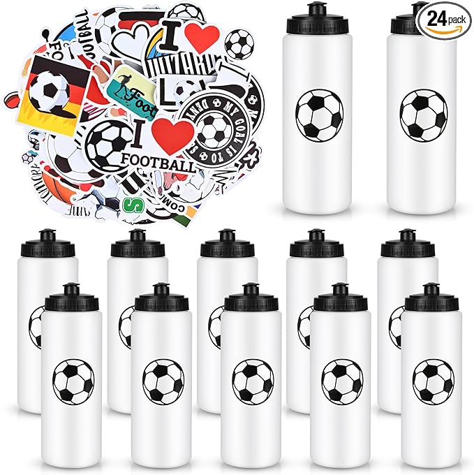 12 Pack Bulk Soccer Sports Water Bottle with 12 Pack Sticker Gift Set, Squeeze BPA-Free Reusable Water Bottles for Soccer Team Party Favors Gift（20OZ）