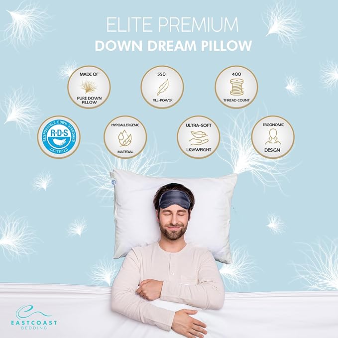 East Coast Bedding Elite Premium Down Sleeping Pillow 600 Fill Power White Down Available in Soft, Medium & Firm 400 Thread Count Cotton Shell Premium Comfort - Made in The U.S.A