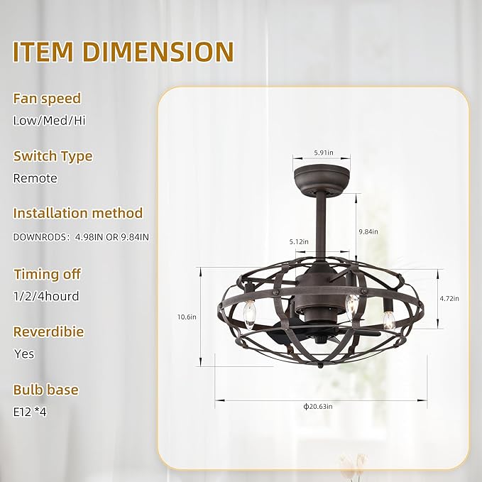 NicBex Ceiling Fan 20 Inch Indoor Industrial Ceiling Fan with Lights Ceiling Fans with 5 Blades and Remote Control Caged Ceiling Fan for Bedroom, Living Room, Matte Brown