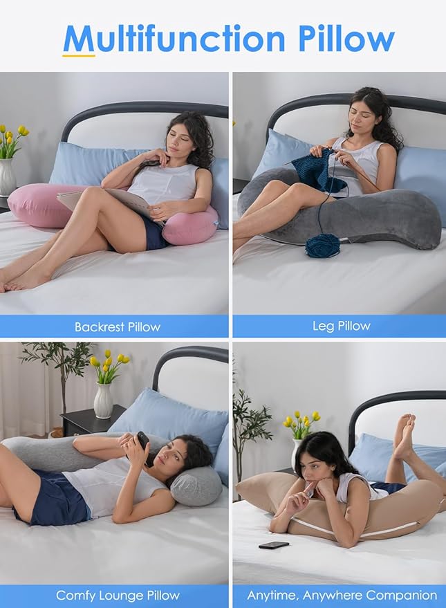 QUEEN ROSE Cooling Body Pillow, Full Body Support Pillow for Side Sleepers, Soft S Shaped Hug Pillow for Adults, with Removable Pillowcase, Beige