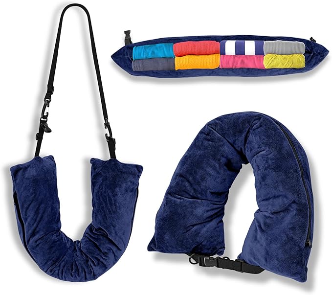 Travel Neck Pillow Stuffable with Clothes,Stuffable Neck Pillow for Traveling,Fillable Travel Neck Pillow Extra Storage Bag,Soft Velvet Neck Pillow Case Cover,Packable for Airplane Travel Essentials