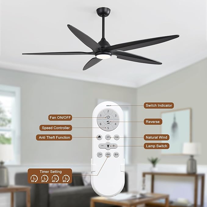 64 Inch Modern Ceiling Fan with Lights and Remote, 5 Wood Blades, 6-Speed Noiseless Reversible DC Motor with Replaceable Downrods for Bedroom Living Room Dining Room, Black