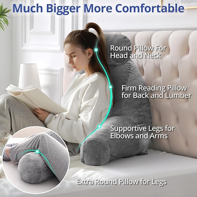 Sasttie Reading Pillow for Sitting in Bed Adult, Extra Large Back Pillow for Bed, Backrest Pillow with Detachable Head Support Cushion, College Dorm Essentials for Girls and Boys, Dark Grey