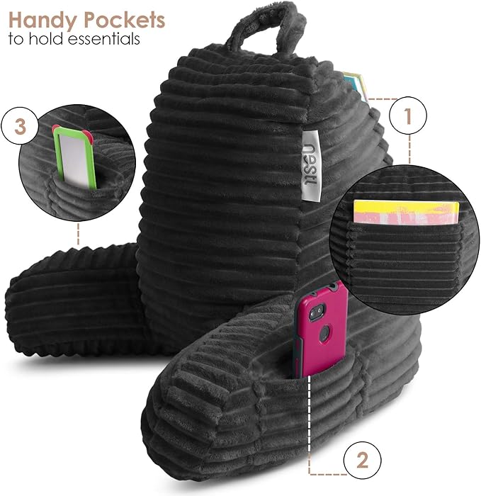 Nestl Reading Pillow with Portable Lap Desk Stand for Laptop 19x11”, Cut Plush Striped Back Pillow, Back Support Pillow, Shredded Memory Foam Bed Rest Pillow with Arms for Kids & Teens, Small - Gray