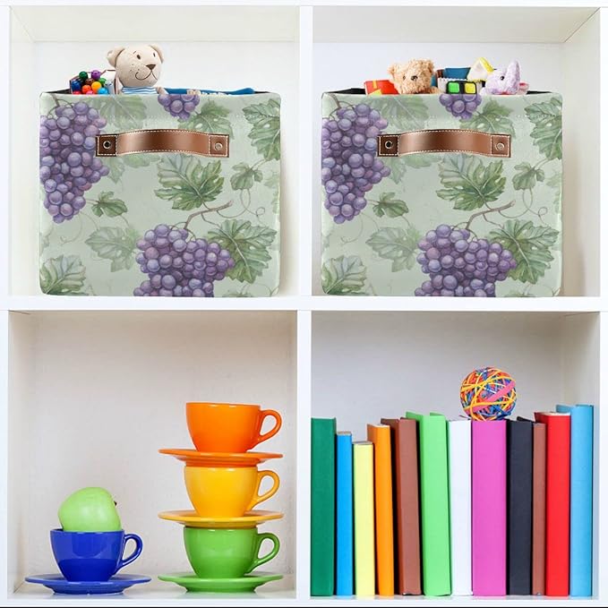 Grapes Purple Rustic Storage Basket Fabric Storage Bin Laundry Baskets Green Leaves Fruits Foldable Storage Boxes Organizer Bag for Cloth Dog Toy Book Storage Cubes Shelf Closet Basket 16×12×8 Inches