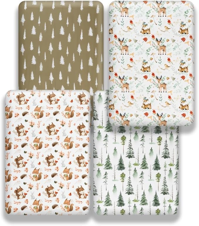 4 Pack Woodland Forest Animals Wood Neutral Unisex Fitted Baby Crib Sheets Set for Baby Boys or Girls (Beer, 52 * 28)