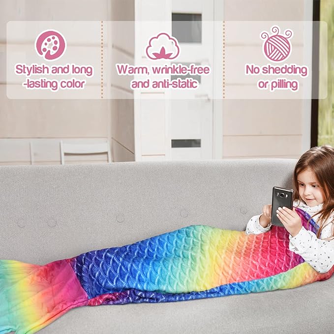 Catalonia Kids Mermaid Tail Blanket, Cozy Mermaid Sleeping Bag for 3-14 yrs Girls, Fish Scale Pattern, Birthday Gift for Daughter