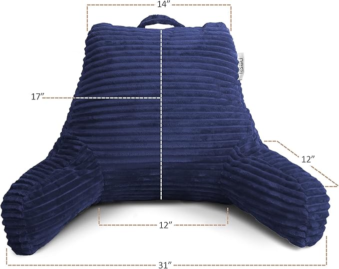 Nestl Reading Pillow with Portable Lap Desk Stand for Laptop 22x14”, Cut Plush Striped Back Pillow, Back Support Pillow, Shredded Memory Foam Bed Rest Pillow with Arms for Kids & Teens, Medium - Navy