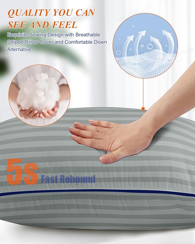 Bed Pillows for Sleeping Queen Size, Set of 2- Cooling, Luxury Hotel Quality with Premium Soft Down Alternative Filling for Back, Stomach or Side Sleepers, Light Grey