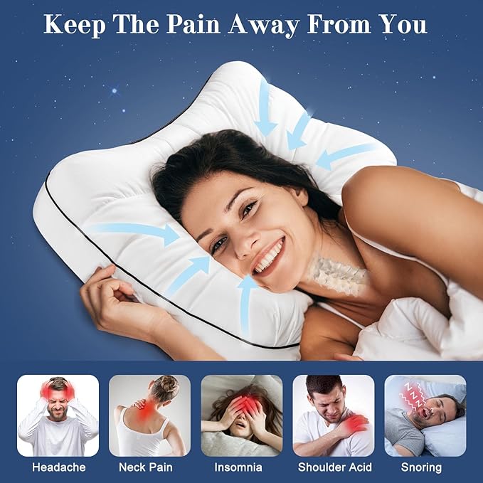 Cervical Neck Pillow for Sleeping, Ergonomic Pillow for Neck Pain Relief, Memory Foam Pillows for Bed, White Side Sleeper Pillows for Adults, 24" x 17"