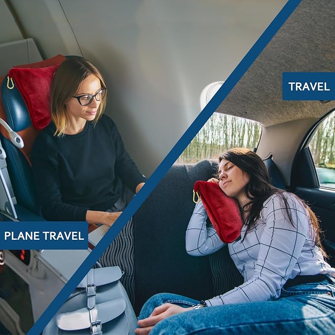 Bnuitland Travel Blanket and Pillow 2 in 1, Soft Flannel Airplane Blanket in Bag Compact-Long Flight Essential for Adults and Kids, Portable Luggage Sleeve and Backpack Clip, 65×40 inch Red