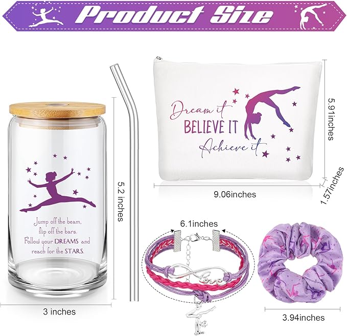 4 Pcs Gymnastics Gifts Gymnastics Glass Cup 16oz Inspirational Gymnastics Water Bottles Makeup Bag Bracelet Elastic Scrunchies for Girls Gymnastics Lovers Back to School